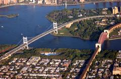 Aerial view of Hell Gate Bridge and Triborough Bridge in New York City