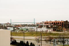 Ambassador Bridge at sunset connecting Detroit, Michigan and Windsor, Ontario