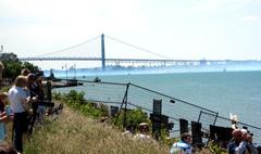 Close-up view of Ambassador Bridge with temporary fences for Air Race