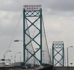 Cars approach the U.S. entry lanes at Ambassador Bridge in Detroit