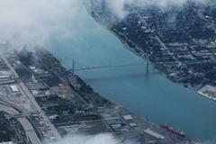 Ambassador Bridge aerial view connecting Detroit and Windsor