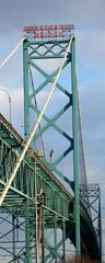 Ambassador Bridge in Detroit, Michigan during sunset with cars crossing it