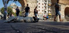 monument in Greece with accordionists sculpture