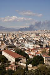 view of Athens from the Areopagus with Stoa of Attalus at Ancient Agora in the foreground