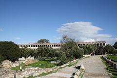 Ruins of the Middle Stoa in the Ancient Agora of Athens with Stoa of Attalus in the background