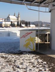 Deserted bar in Vilnius covered in snow during winter