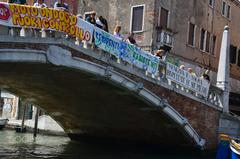 Aerial view of Venice with a large banner that reads 'Venice Is My Future'