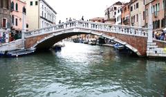 Panoramic view of Venice, Italy with traditional buildings and boats on the canal