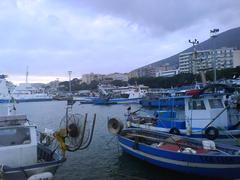 Aerial view of Formia harbor with boats docked along the pier and town buildings in the background under a clear blue sky