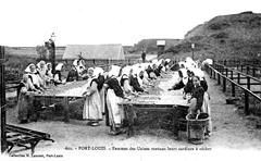 Women working in a fish drying factory in Port-Louis circa 1920