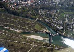 Aerial view of Isar River in Munich at the weir in Herzogpark.