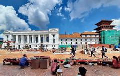 Completed reconstruction of Gaddi Baithak and ongoing work on the nine-story palace in Hanuman Dhoka, Kathmandu