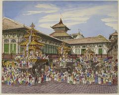 The Kumari Jatra, three temple cars outside Hanuman Dhoka, Kathmandu