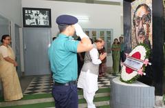 Union Home Minister Rajnath Singh laying wreath in homage to Sheikh Mujibur Rahman at Bangabandhu Museum in Dhaka