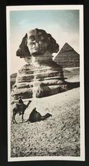 Great Sphinx of Giza with pyramid in background and two camels at the base