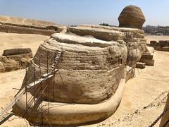 The Great Sphinx of Giza between the Pyramids of Giza and the Nile River