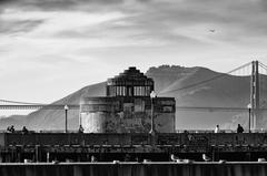 Aquatic Park in San Francisco with a view of the bay and bridge in the background