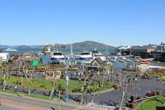 Fisherman's Wharf crowded with people and fishing boats