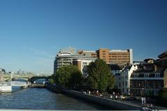 Bankside from the Millennium Bridge with Globe Theatre hidden by trees