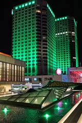 Le Complexe Desjardins green buildings at night