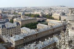 The Point au Change Bridge over the Seine river viewed from Notre Dame Cathedral in Paris