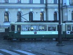 Tram in Helsinki Harbor on a rainy day