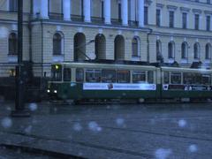 Tram in rainy Helsinki Harbor