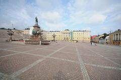 Helsinki cityscape with historic buildings and blue sky