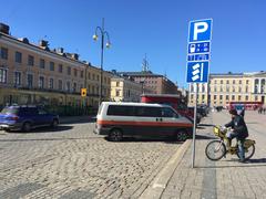 Diagonal parking in front of a church in Helsinki, 2018