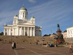 Helsinki Cathedral with stairs leading up to it and clear blue sky