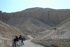 panoramic view of Valle dei Re with mountains and blue sky