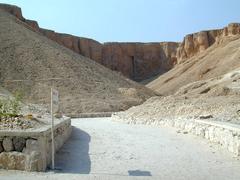 The Valley of the Kings at dusk with a pointed peak in the background