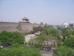 Xi'an ancient city wall with distant view of the Drum Tower