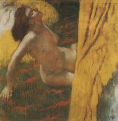 Degas painting of a reclining nude woman on a carpet