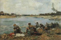 women washing clothes by the riverbank