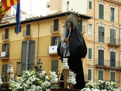 Procession of Holy Week in Palma's Cort Square featuring Our Lady of Sorrows