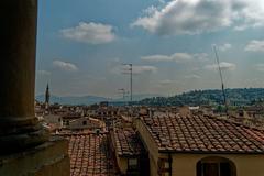 View from Terrazza di Saturno on the second floor of Palazzo Vecchio in Florence towards Basilica di Santa Croce, Porta San Niccolò, and Piazzale Michelangelo