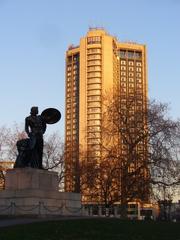 Hilton Hotel on Park Lane viewed from Hyde Park with Achilles statue in the foreground