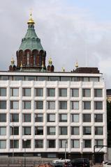 Skyline of Helsinki with a mix of modern and traditional buildings