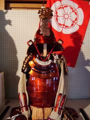 reproduction samurai armor with 'love' character in Kiyosu Castle, Japan