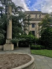 West side of the Neoclassical Brooklyn Museum building viewed from Osborne Garden entrance to Brooklyn Botanic Garden