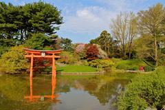 Brooklyn Botanical Garden Japanese Section with a pond and a red bridge