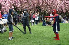 Attendees in anime costumes at the Brooklyn Botanical Gardens Cherry Blossom Festival