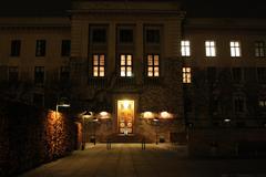 evening view of the entrance area of Gentofte Town Hall, Denmark