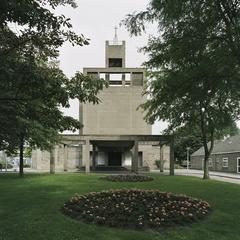 Front view of the monumental church tower with portal extension in Amsterdam