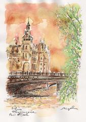 watercolor painting by Michel RIGEL depicting the Conciergerie and Pont Notre Dame