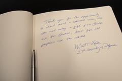 Defense Secretary Dr. Mark T. Esper signs guest book at Gandhi Smriti museum