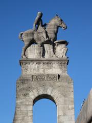 Wittelsbacherbrücke in Munich with Jugendstil railing and stone pylon with equestrian statue of Otto von Wittelsbach