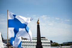 Flag of Finland fluttering in the sky