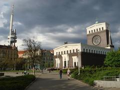 Jiří z Poděbrad Square with the Church of the Sacred Heart of Jesus and Žižkov Television Tower in Prague